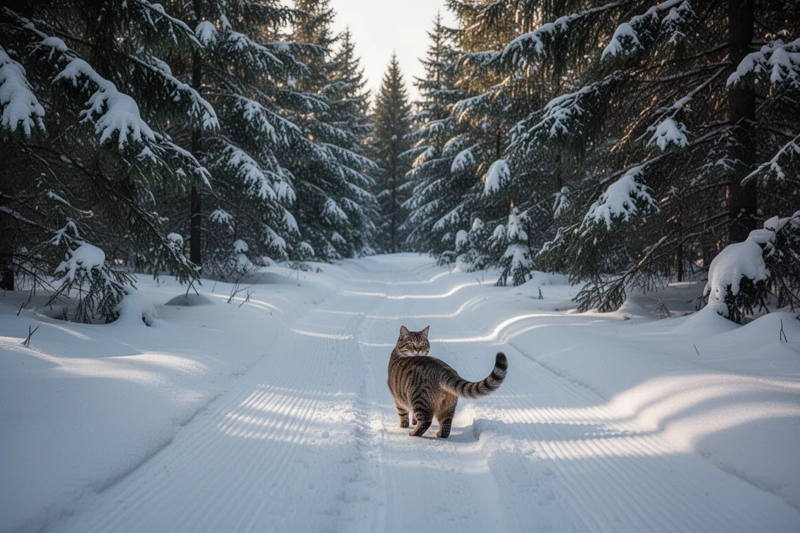 Groomed cat track winding through a snow-covered evergreen forest in late afternoon light