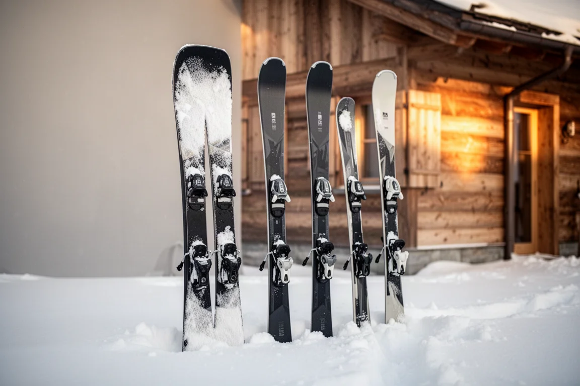 Row of three pairs of skis standing in fresh snow beside a wooden mountain lodge
