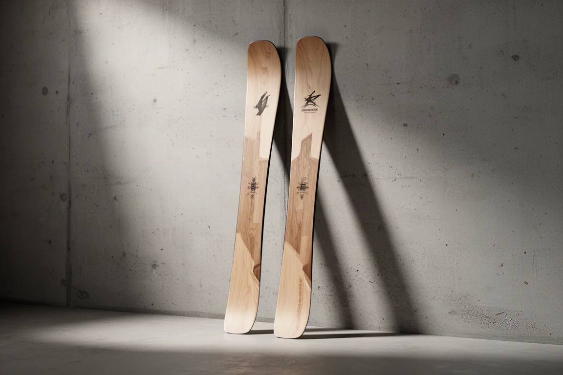 Two wide powder skis with wood veneer topsheets leaning against a concrete wall