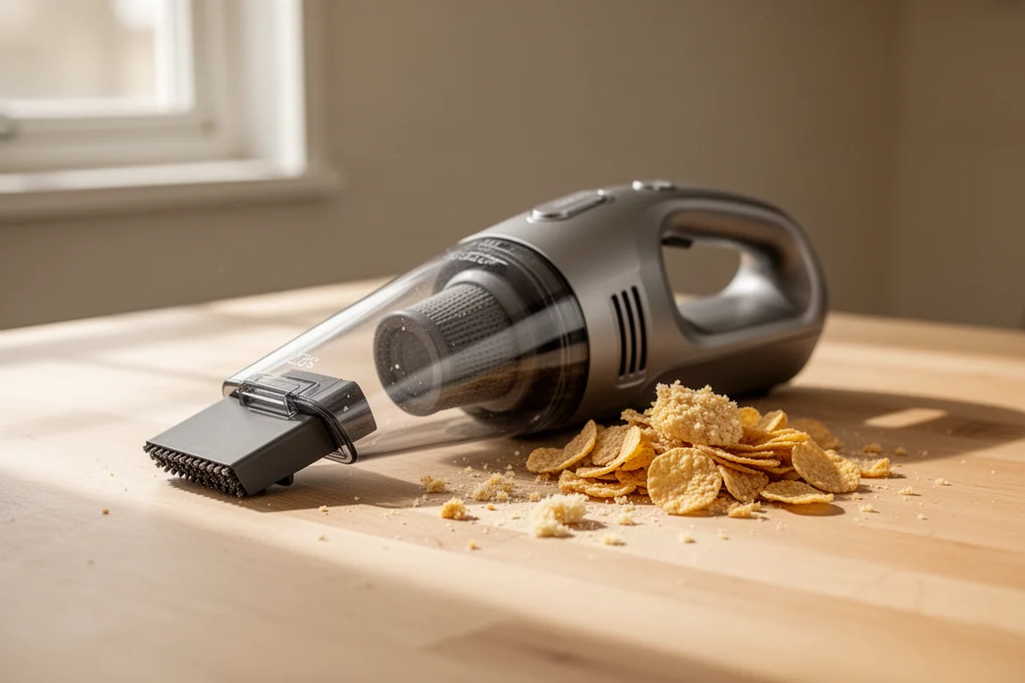 Handheld vacuum cleaning crumbs from a kitchen counter in natural daylight