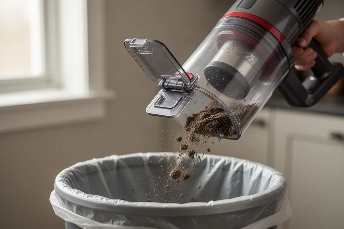 Handheld vacuum dust bin opened over a trash bin for easy emptying