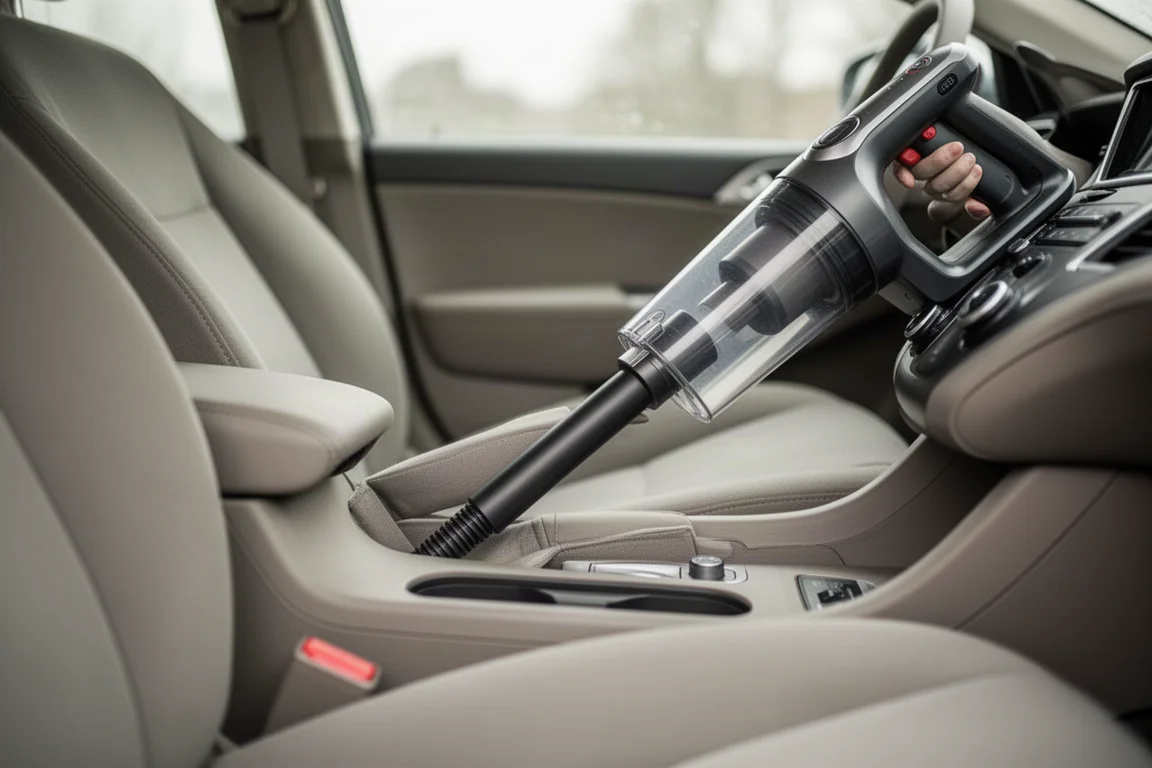 Vacuum nozzle reaching deep into the corner of a car seat