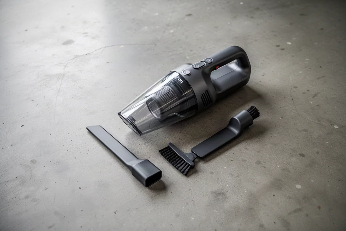 Handheld vacuum and its attachments laid out on a garage floor