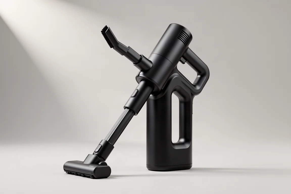 Compact black cordless handheld vacuum with folding nozzle on grey backdrop