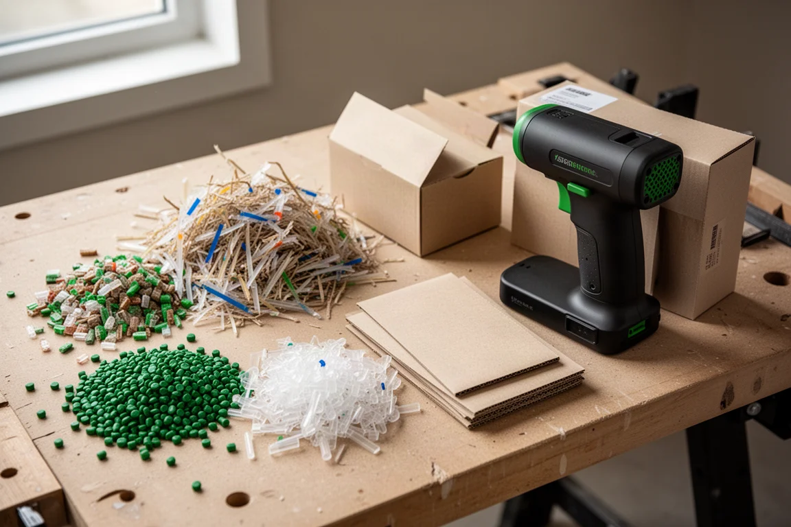 Komponenter av återvunnen plast och kartongförpackningar på en verkstadsbänk