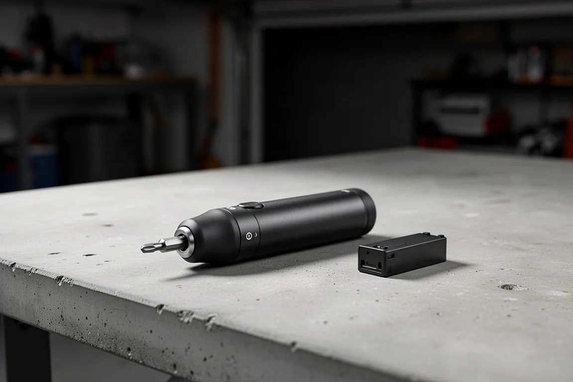 Visseuse sans fil compacte sur un établi avec un petit bloc-batterie à côté