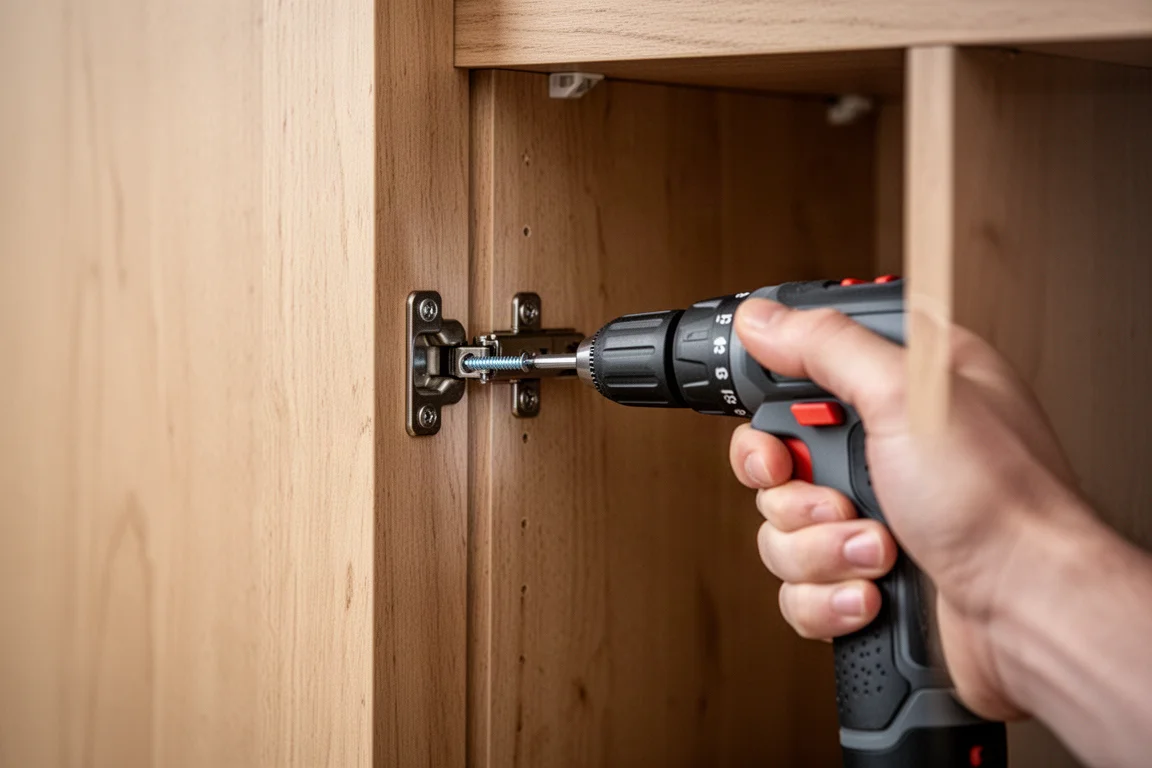Des mains utilisant une visseuse sans fil fine dans un espace étroit entre des cadres de meuble