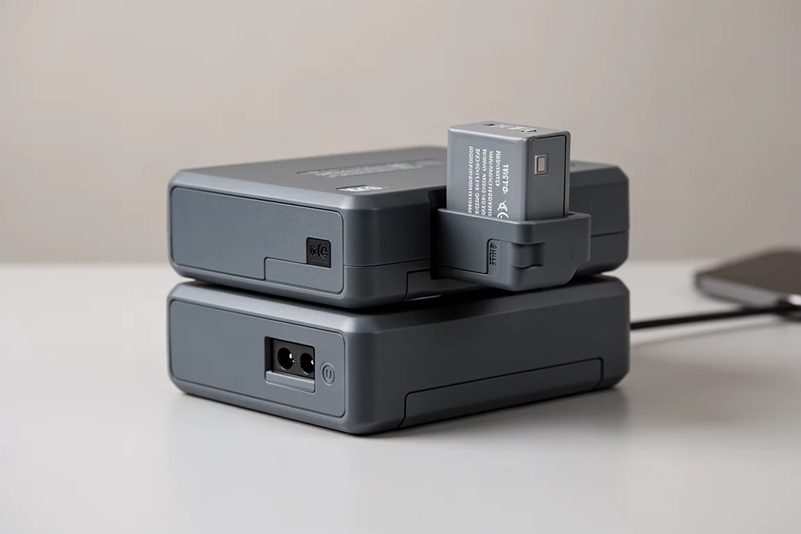 Deux chargeurs de batterie imbriqués avec un bloc-batterie verrouillé en place
