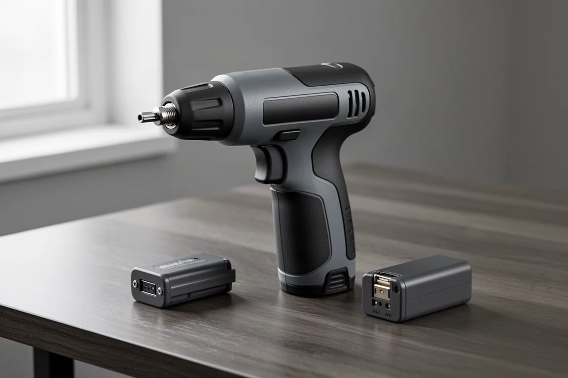 Compact cordless driver and small battery pack on a wooden desk
