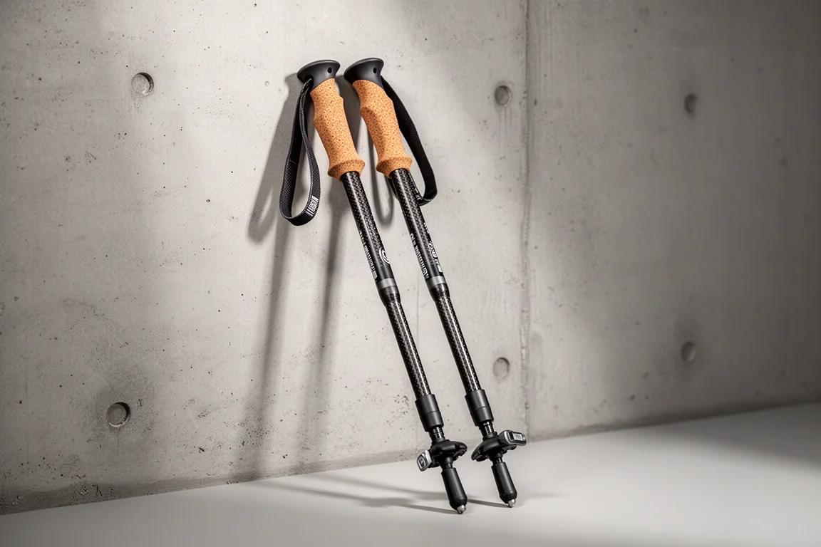 Pair of carbon fiber trekking poles with cork grips leaning against a concrete wall