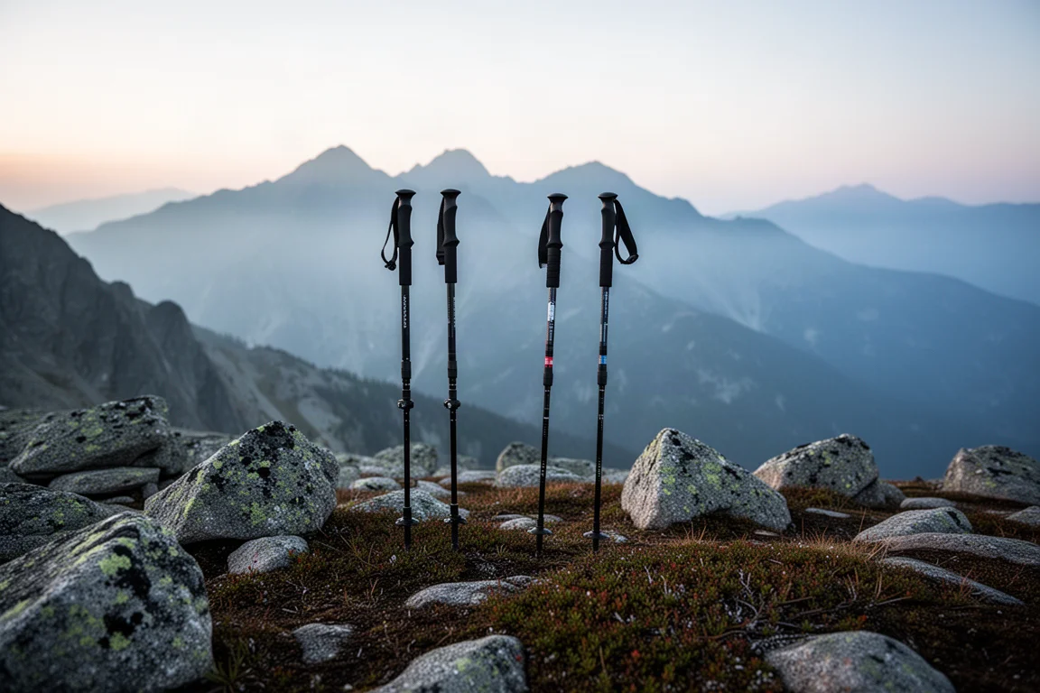 Nahaufnahme eines Hebelverschlusses an einem Carbon-Trekkingstockschaft vor Granit