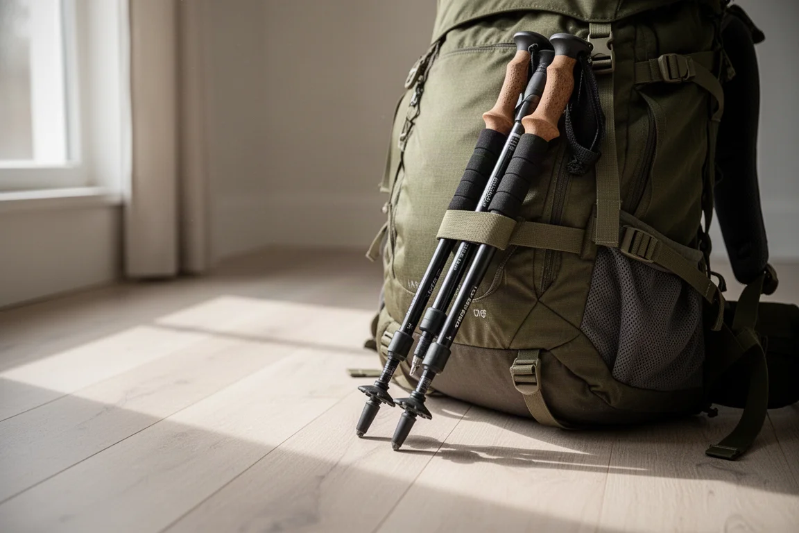Zusammengeklappte Trekkingstöcke an einem Rucksack auf einem abendlichen Zeltplatz