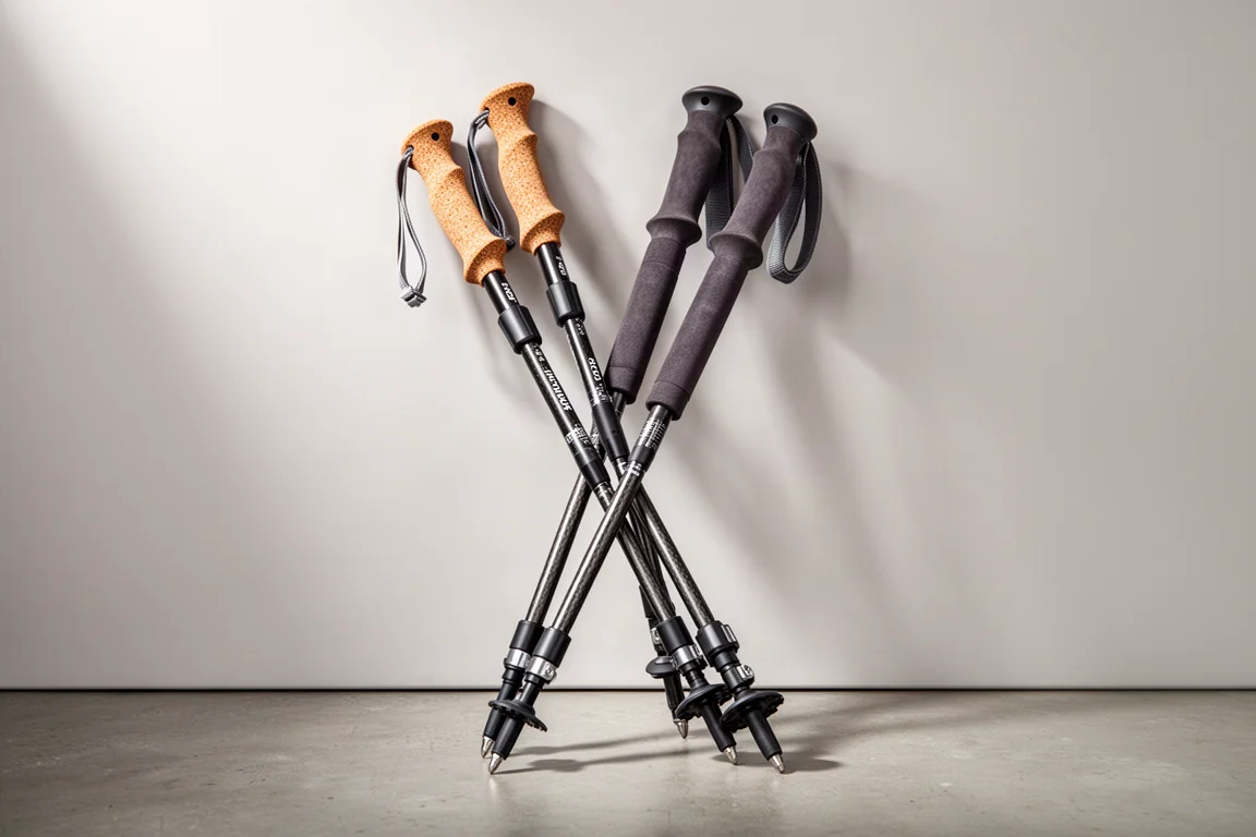Two pairs of collapsible trekking poles with cork and suede-like rubber grips on concrete