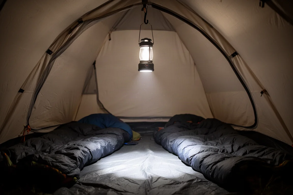 Campinglykta hängande inuti ett kupoltält som lyser upp golvet och sovsäckarna på natten