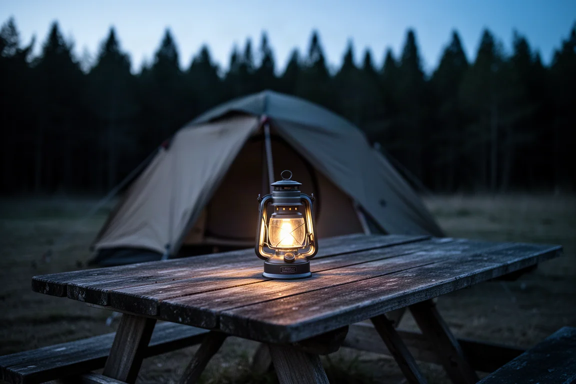Lyktan på ett campingbord i skymningen med ett tält och en trädlinje bakom