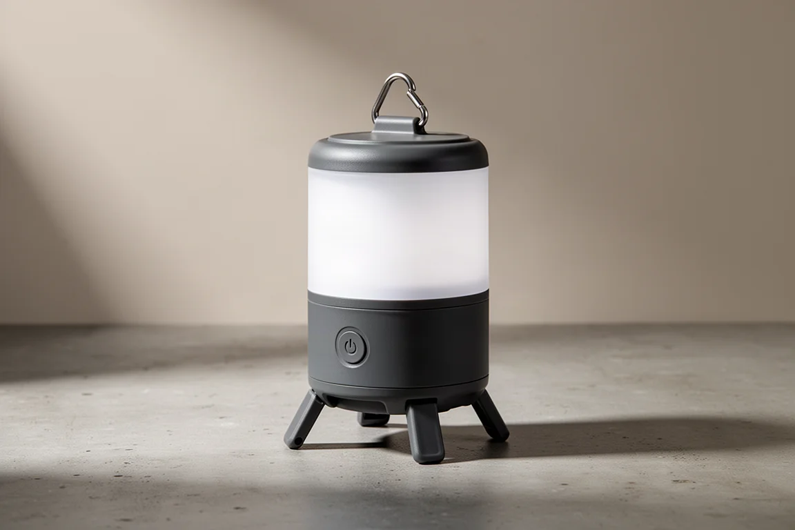 Compact camping lantern with frosted diffuser globe, folding legs and top hook on concrete