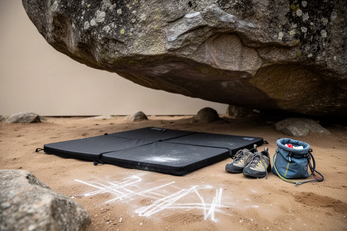 Dunkle Crashpad flach auf sandigem Boden unter einem Granitblock ausgebreitet, Kletterschuhe daneben