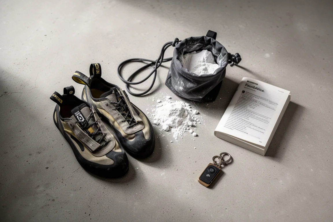 Draufsicht auf Kletterschuhe, Magnesiabeutel und Topoführer auf einer Betonfläche
