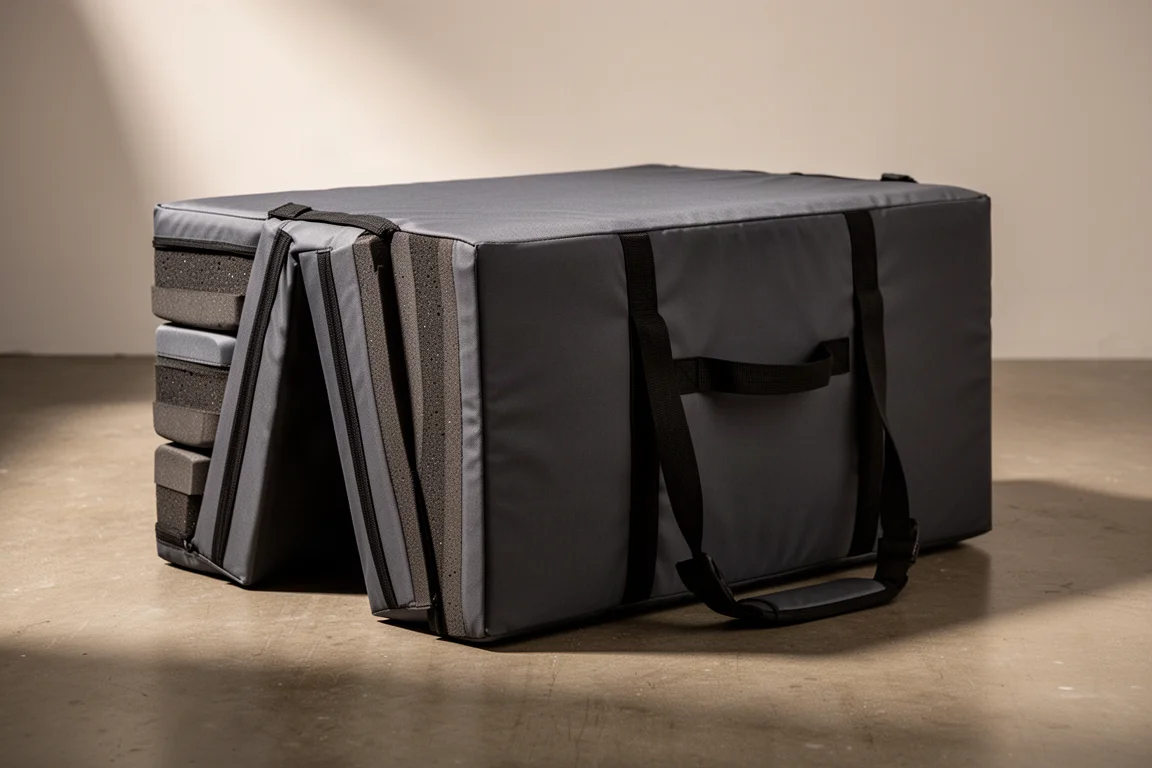 Z-fold bouldering crash pad with charcoal nylon fabric and black straps on a concrete floor