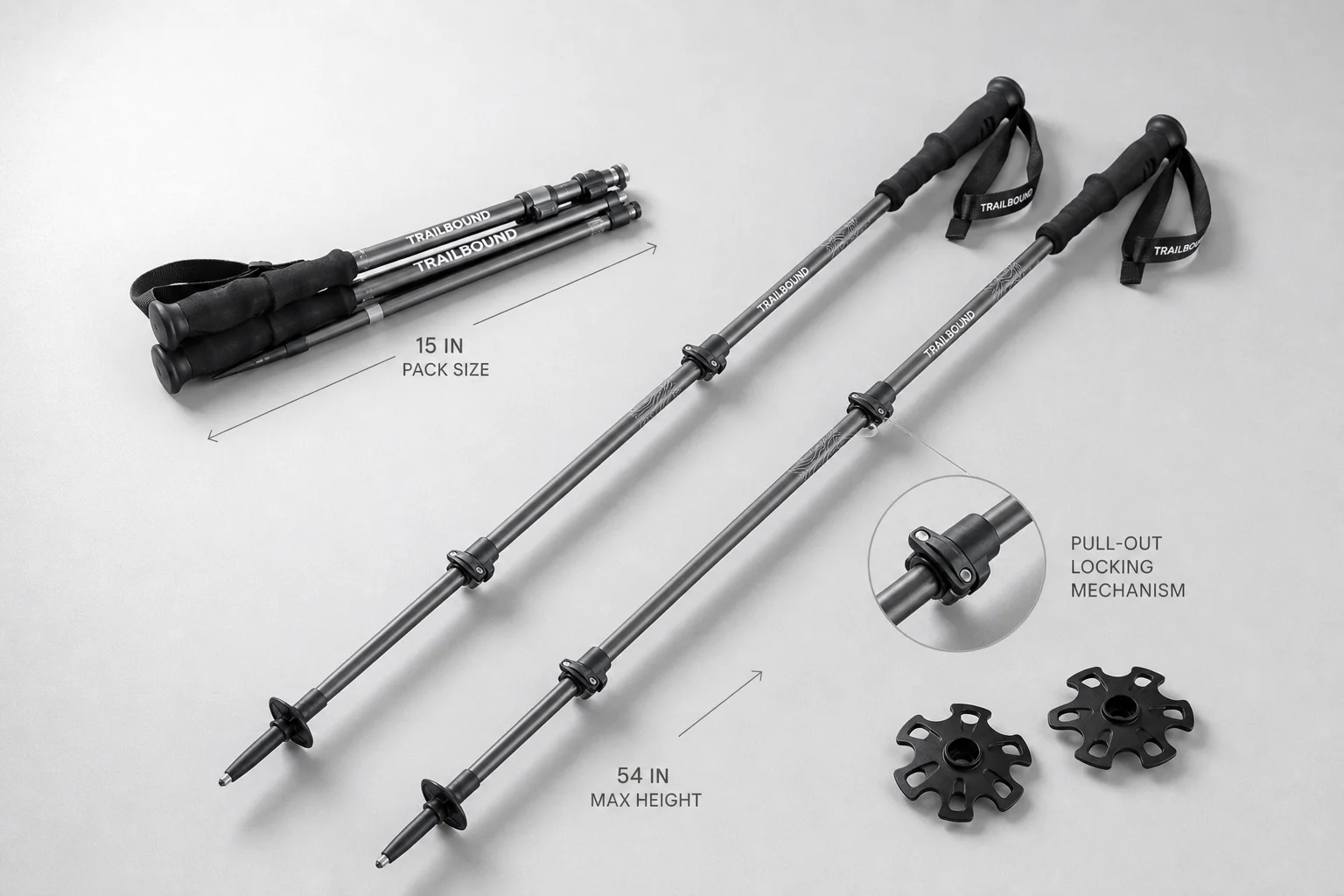 Five trekking poles and one hiking staff arranged on neutral backdrop
