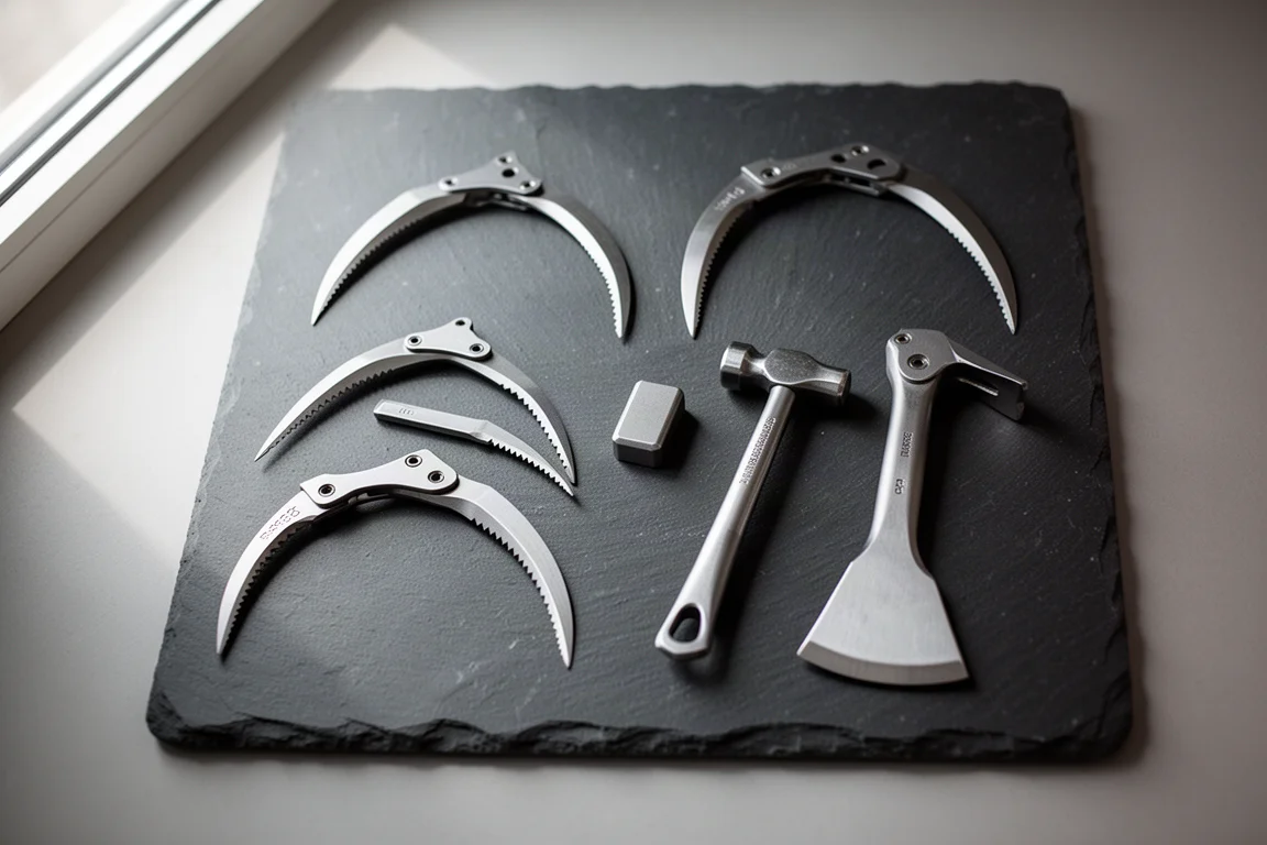 Flat-lay van verwisselbare ijsbijlpicks, kopgewichten, hamer en adz op donkere leisteen