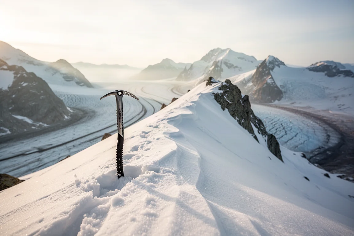 Ijsbijl met rechte schacht geplant in windvastgeslagen sneeuw op een lange alpiene richel