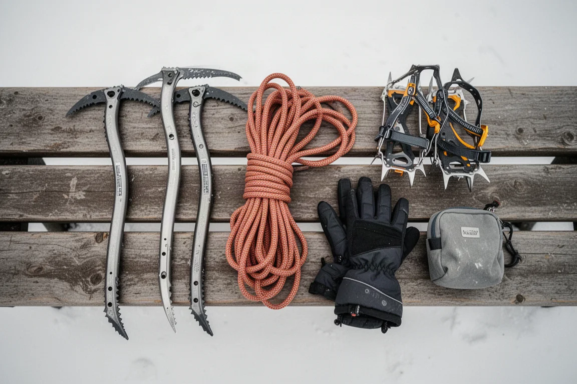Overhead flat-lay van winterklimuitrusting op een verweerde houten bank