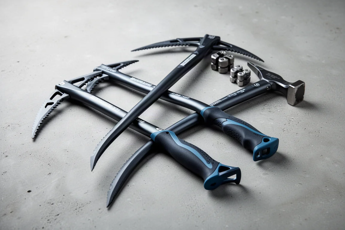 Two modular ice axes with alloy heads and curved shafts on a concrete surface