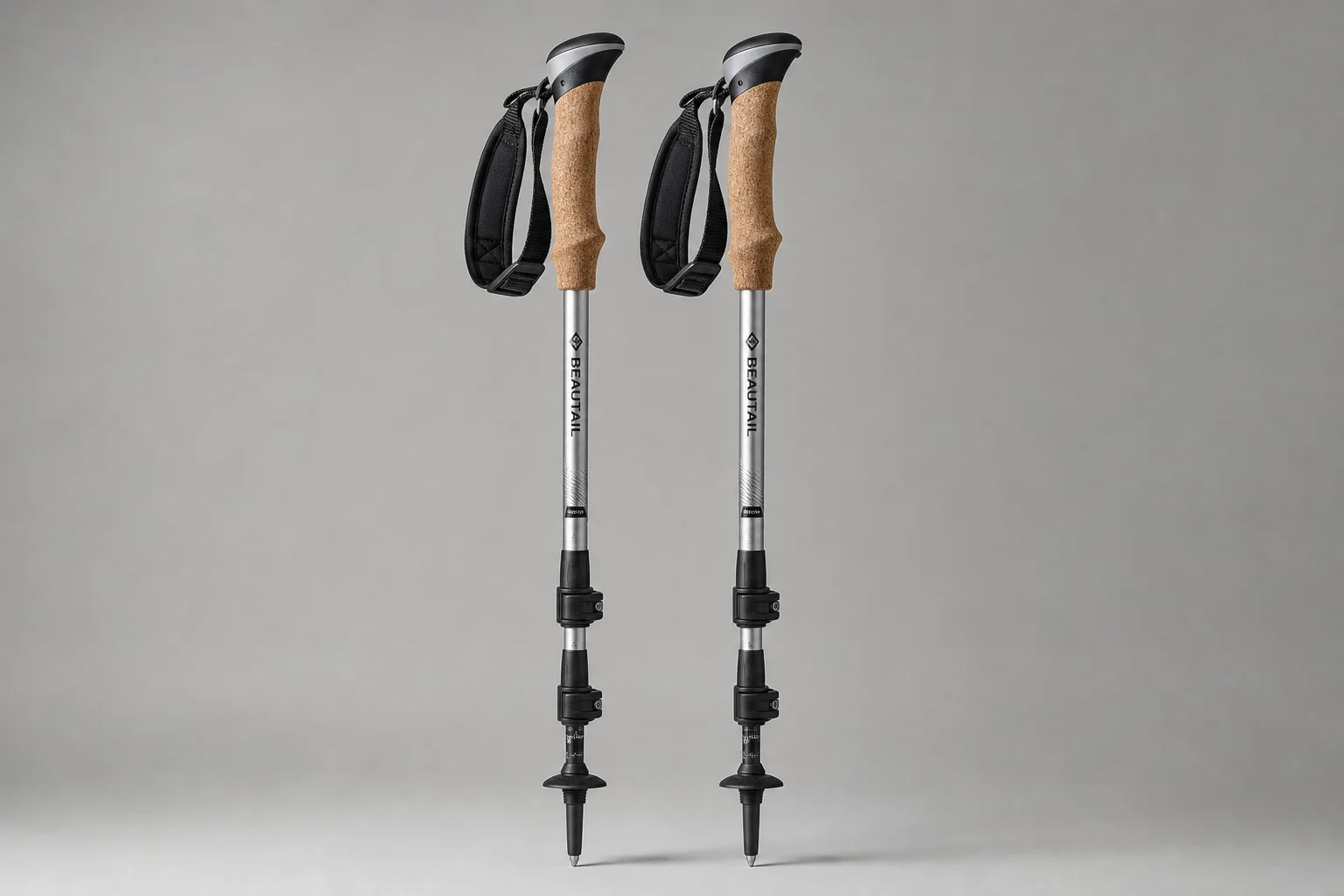 Five trekking poles and one hiking staff arranged on neutral backdrop