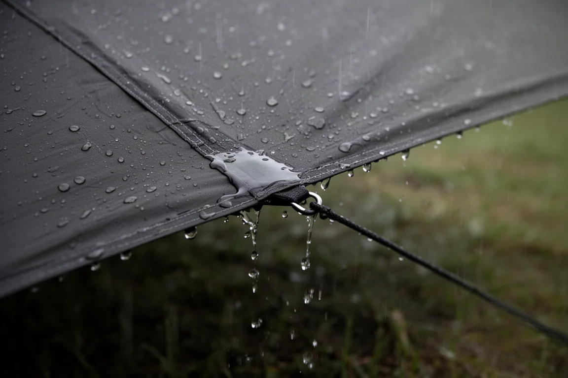 Pioggia che scorre su un pannello scuro della tenda con acqua che si raccoglie lungo una cucitura