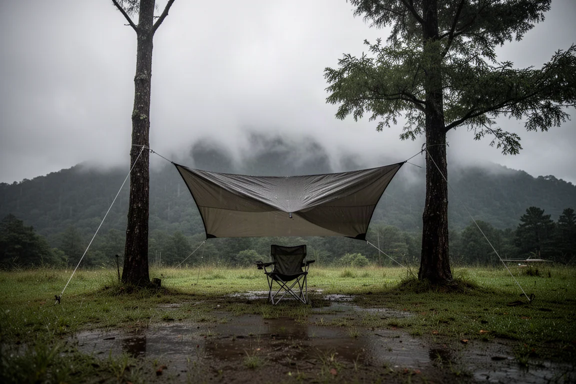 Campeggio vuoto sotto un cielo molto coperto con un telo teso tra gli alberi
