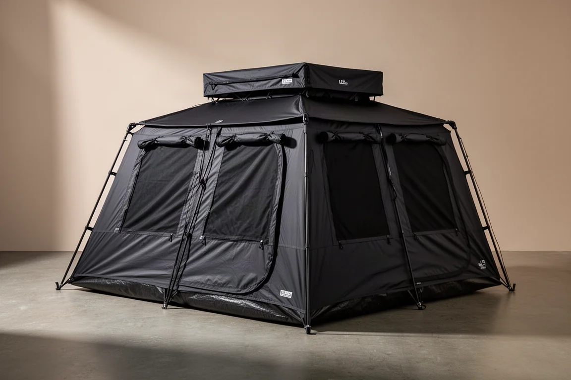 Barraca de camping instantânea estilo cabin preta montada em piso de estúdio de concreto