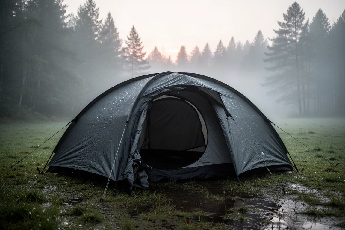 Ampia tenda a cupola scura montata su una radura erbosa in un campeggio durante l'ora d'oro, con pini sullo sfondo