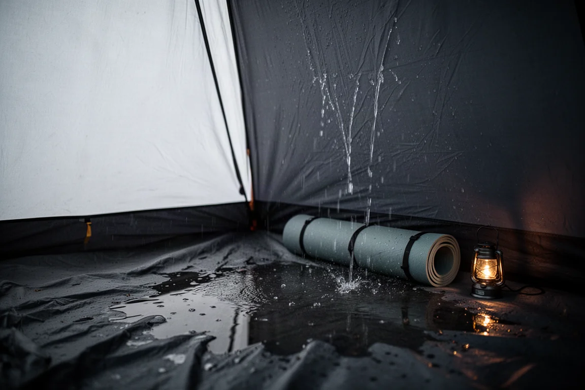 Acqua piovana che si raccoglie e forma gocce lungo il bordo del telo esterno di una tenda sopra una porta con cerniera