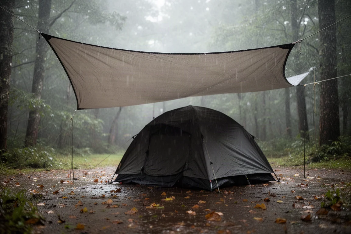 Tenda da campeggio montata sotto un grande telo da campeggio in un'area boschiva con tiranti in tensione