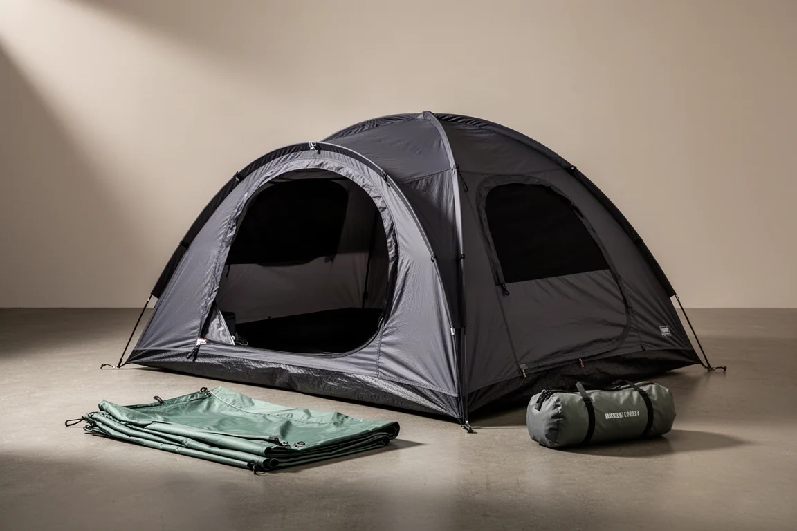 Tenda da campeggio scura a tunnel su una superficie di cemento accanto a un telo antipioggia piegato e a una sacca da trasporto