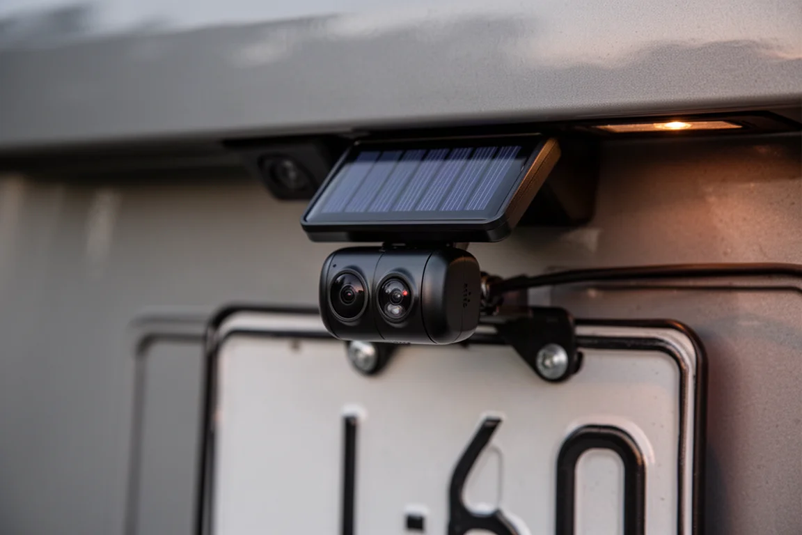 Kabellose Rückfahrkamera am Kennzeichen montiert mit kleinem Solarpanel