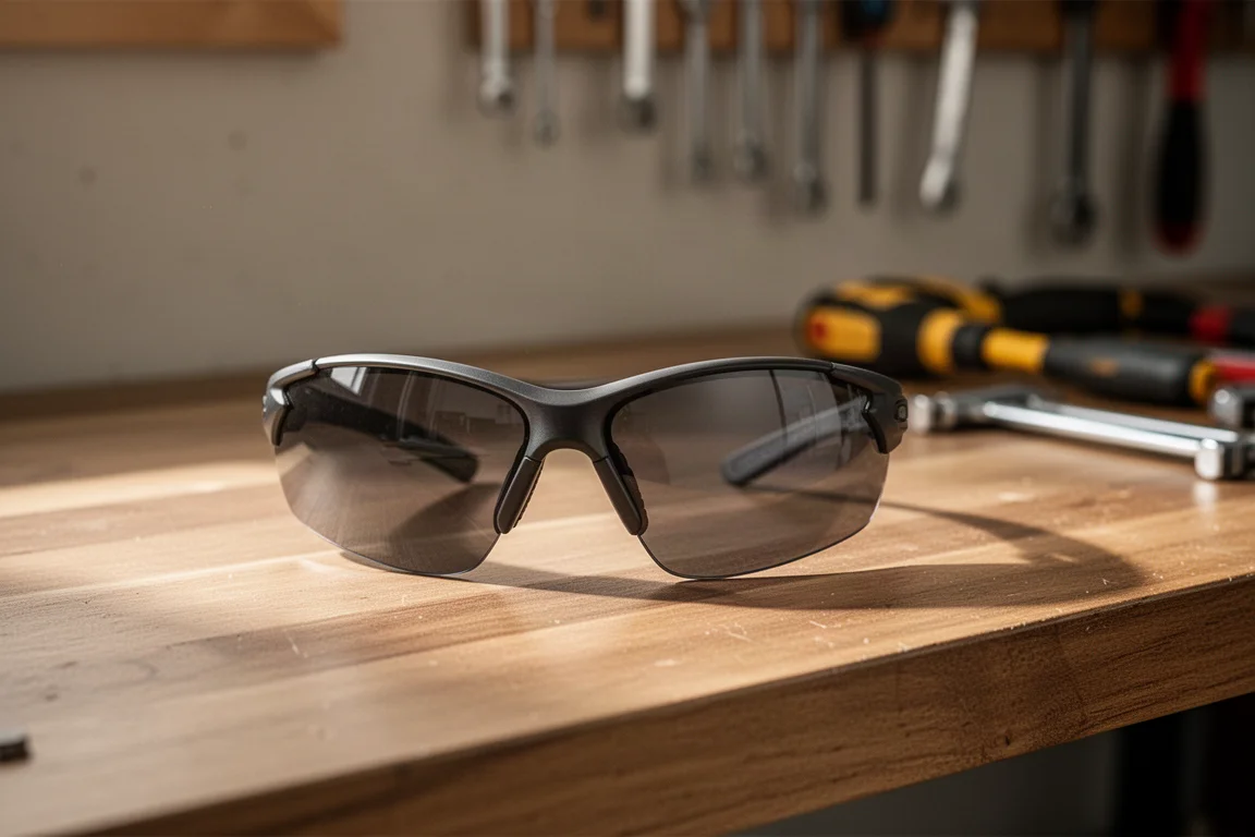 Sicherheits-Sonnenbrille auf einer hölzernen Werkbank neben Elektrowerkzeugen