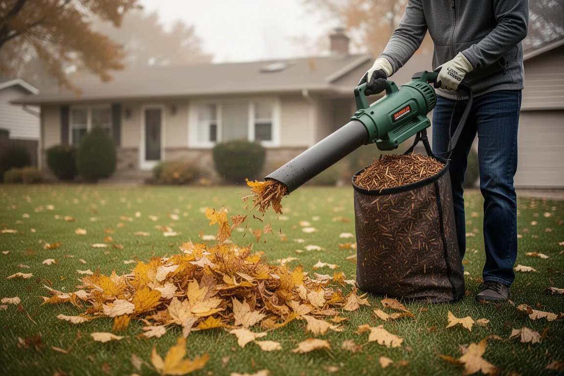 Kabelloser Laubsauger zerkleinert trockenes Herbstlaub auf dem Rasen