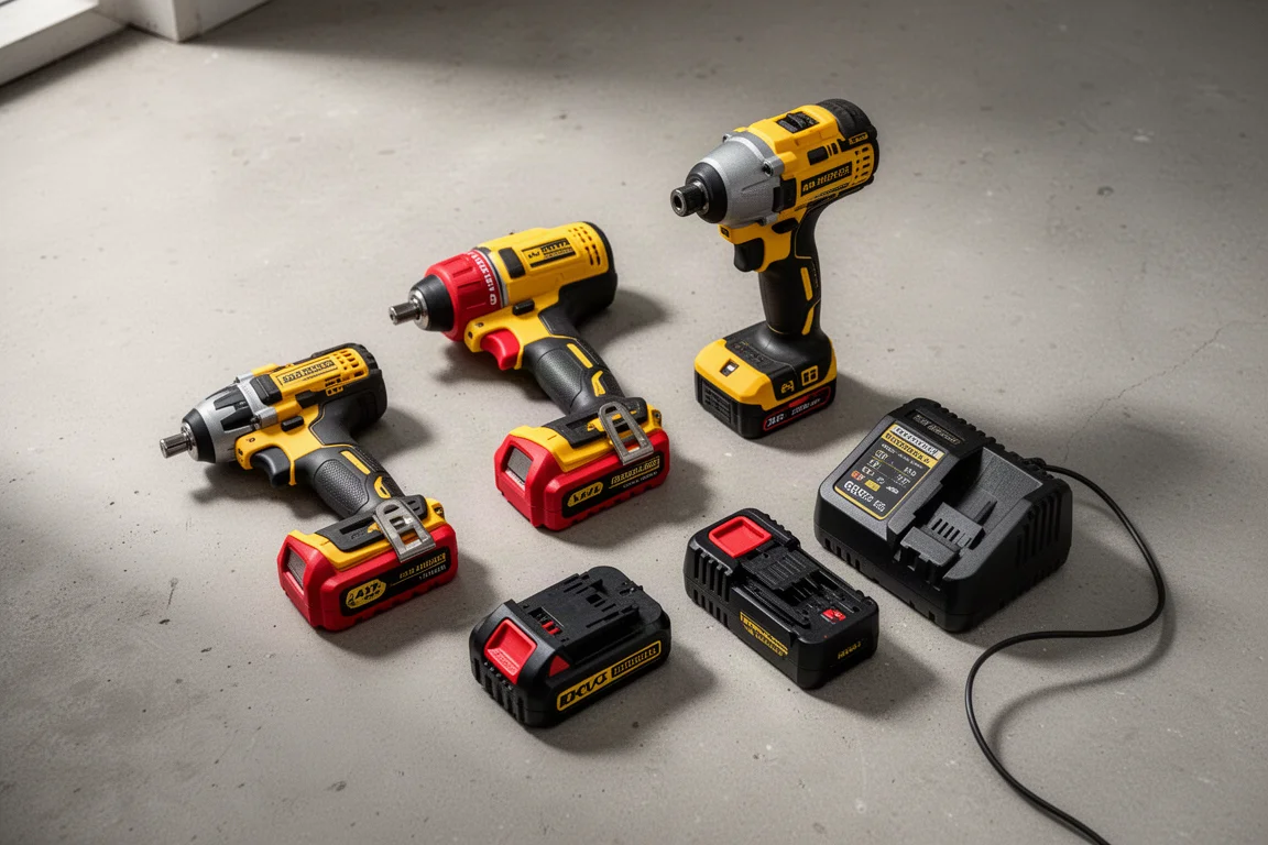 Assorted cordless drills, drivers and batteries arranged on a concrete workshop floor
