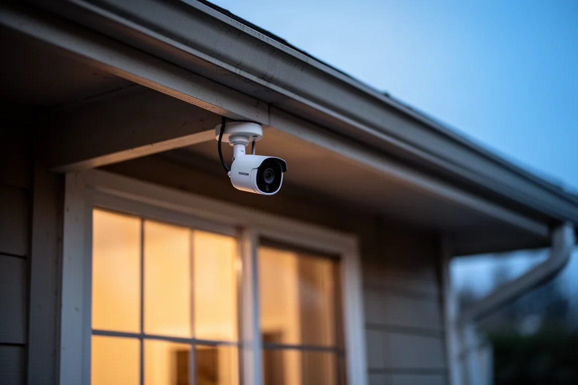 Telecamera di sicurezza cablata compatta montata sotto una gronda al crepuscolo