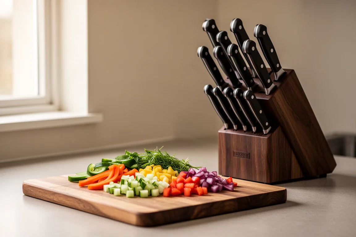 Verdure appena tagliate accanto a un blocco portacoltelli in legno su un piano della cucina