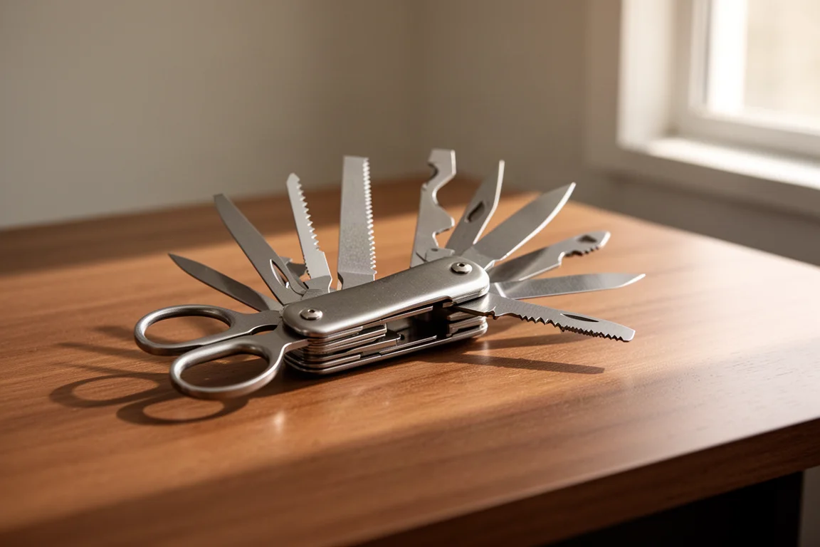 Kompaktowy multitool z częściowo wysuniętymi narzędziami na drewnianym biurku