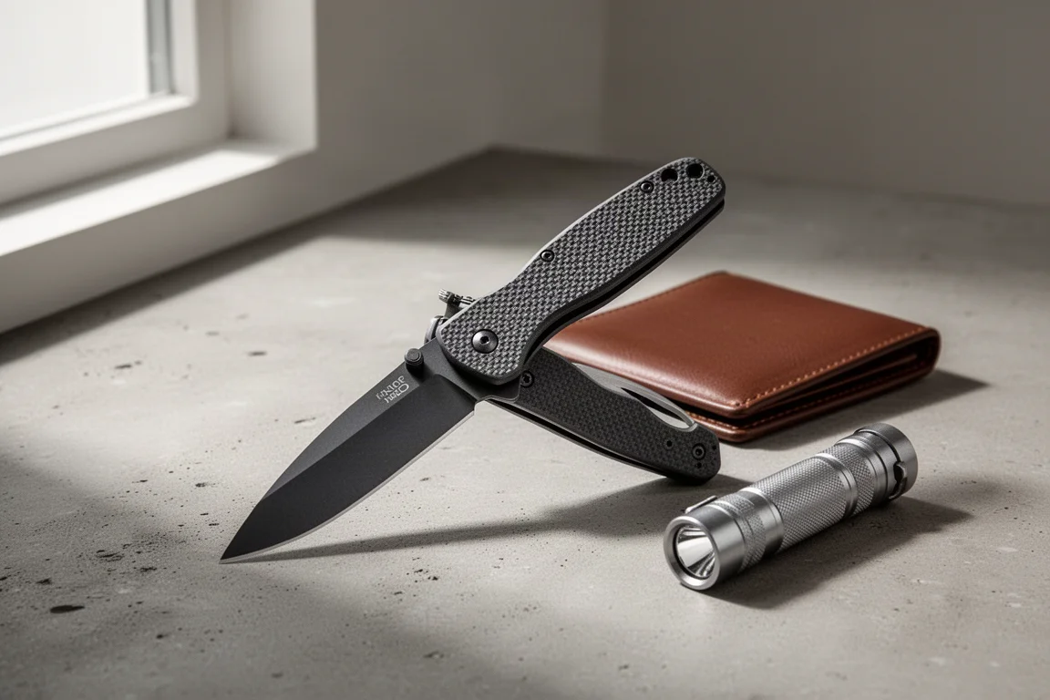 Folding pocket knife, wallet and flashlight arranged on a concrete surface