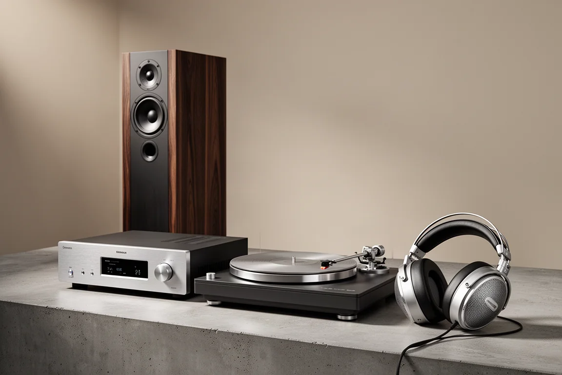 Floorstanding speaker, integrated amplifier, turntable and over-ear headphones on a concrete surface