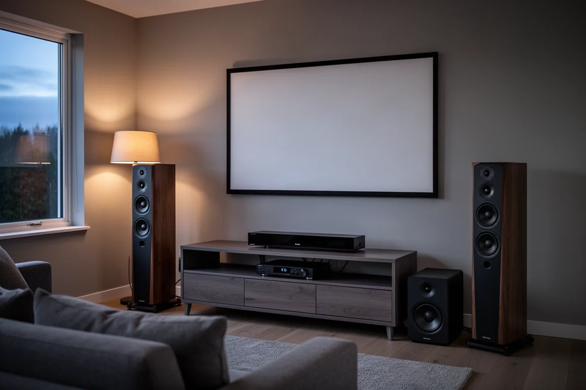 Living room home theater corner with tower speakers, a receiver and a subwoofer