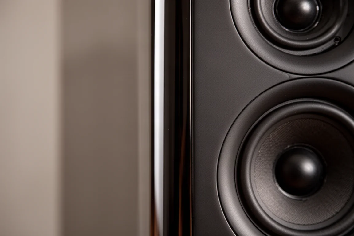 Close-up of a speaker cabinet edge with a rounded trim and a driver cone