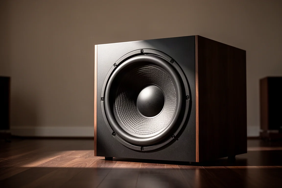 Large subwoofer driver in a sealed cabinet on a wooden floor in a listening room