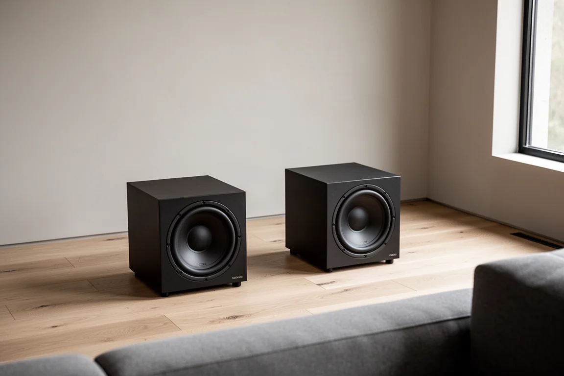 Two compact sealed subwoofers placed symmetrically in a minimalist listening room