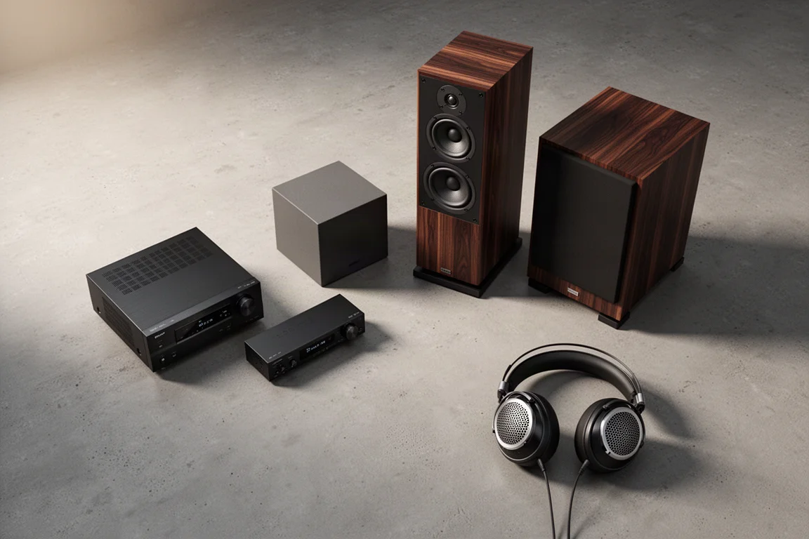 Home theater and hi-fi components arranged on a concrete surface in a flat lay